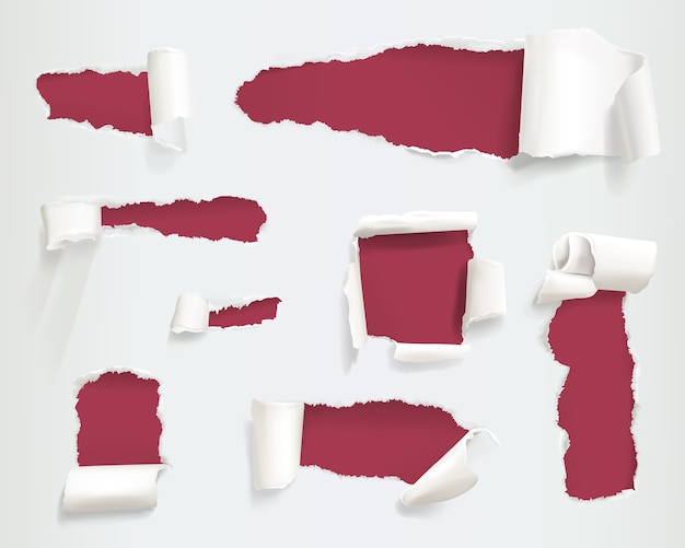 Ilustração de furos de papel rasgado de lados de página em branco esfarrapadas ou rasgados ou banners
