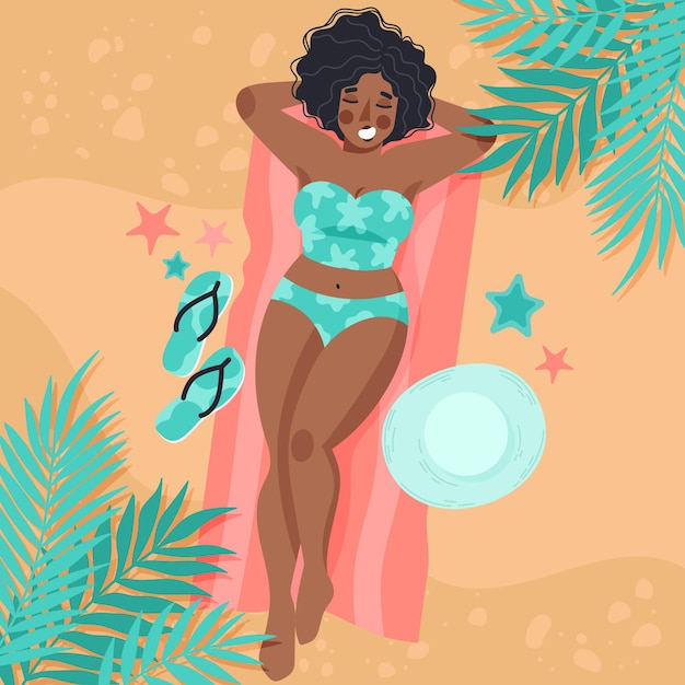 Ilustração de garota de biquíni na praia