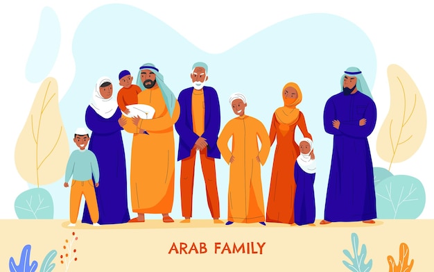Vetor grátis ilustração de grande família de árabes lisos e coloridos