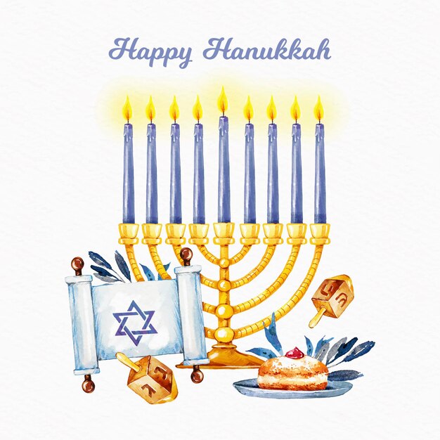 Ilustração de hanukkah em aquarela com bolo delicioso e velas
