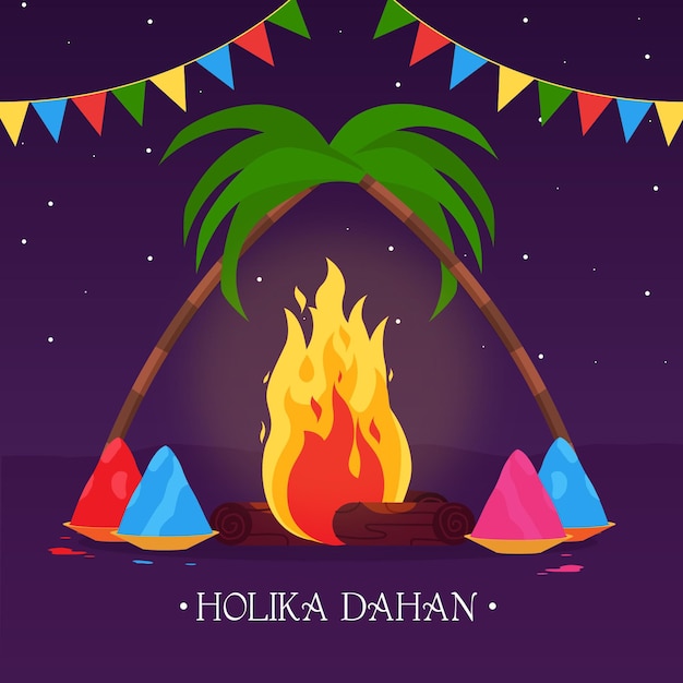 Ilustração de holika dahan com fogueira e guirlandas