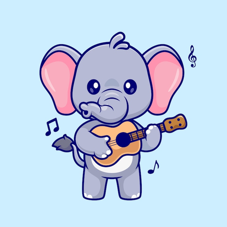 Vetor grátis ilustração de ícone de vetor de desenho animado elefante bonito tocando guitarra. conceito de ícone de música animal isolado