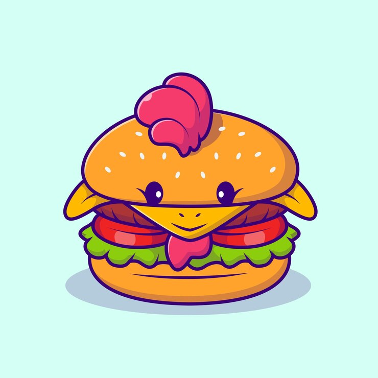 Vetor grátis ilustração de ícone de vetor de desenho de hambúrguer de frango bonito conceito de ícone de animal de comida isolado premium flat