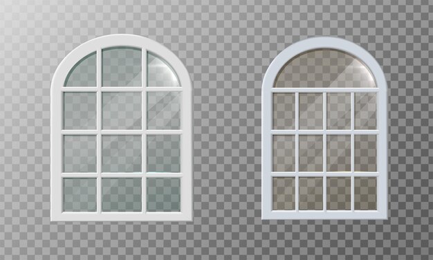 ilustração de ícone vetorial realista Antiga janela de moldura branca de arco de mansão com vidro transparente re