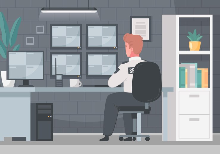 Vetor grátis ilustração de inspeção de serviço de agência de segurança com o interior da sala e o homem trabalhando à mesa com telas de cctv