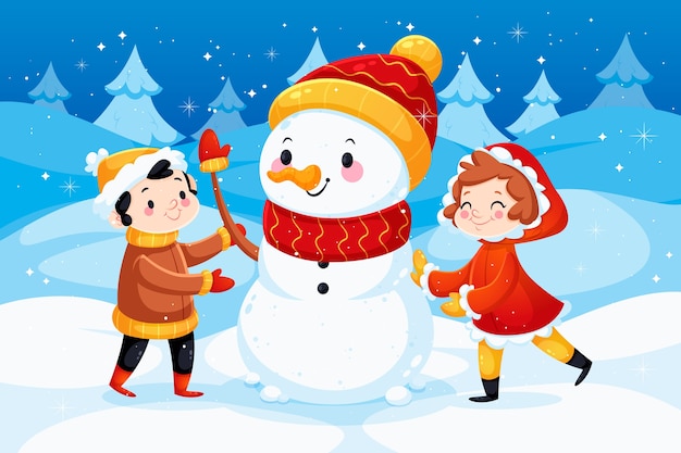 Ilustração de inverno design plano com boneco de neve