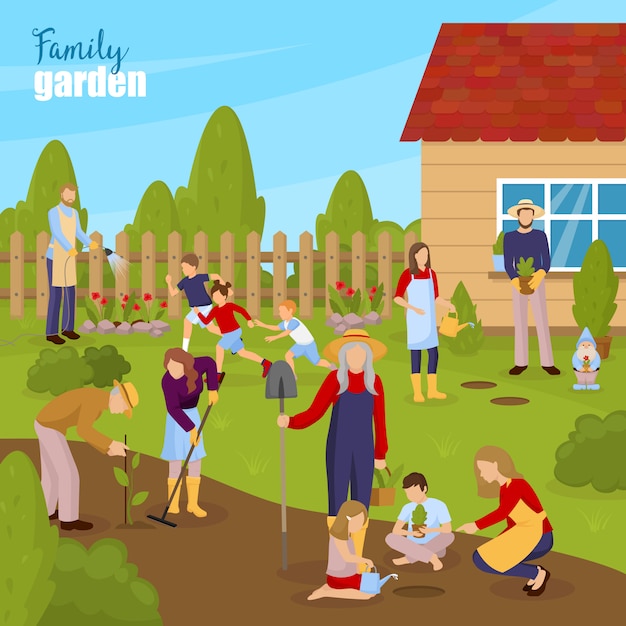 Ilustração de jardinagem e família
