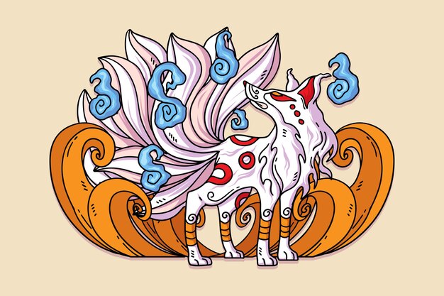 Ilustração de kitsune de design plano desenhado à mão