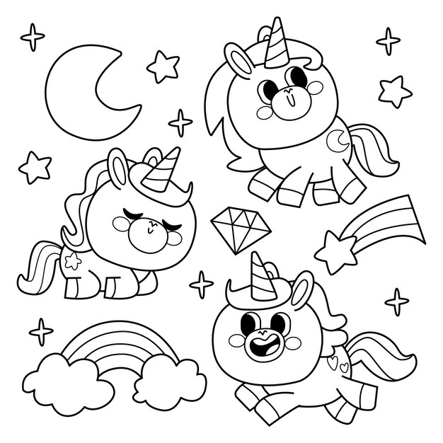 Ilustração de livro de colorir kawaii desenhado à mão