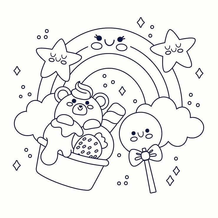 Vetor grátis ilustração de livro de colorir kawaii design plano