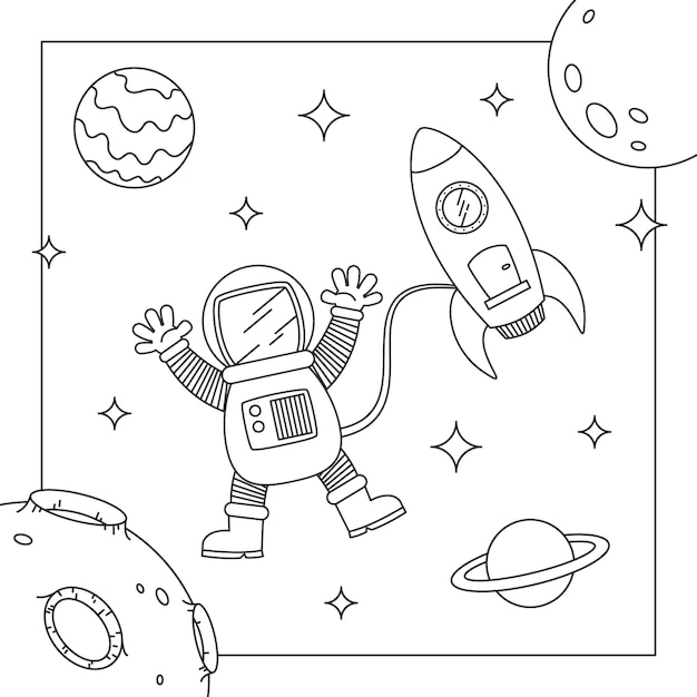 Ilustração de livro para colorir de astronauta desenhada de mão