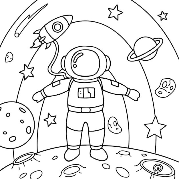 Ilustração de livro para colorir de astronauta desenhada de mão