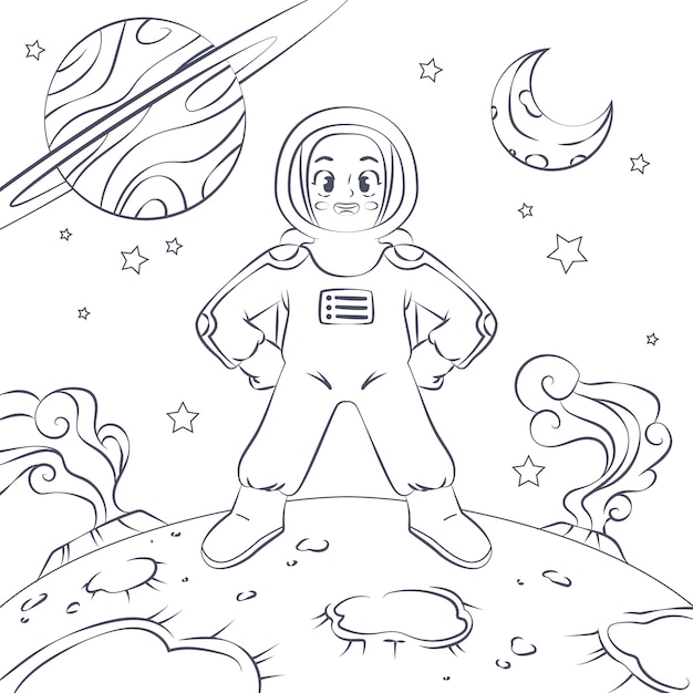 Ilustração de livro para colorir de astronauta desenhada de mão