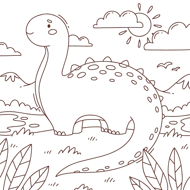 Ilustração de livro para colorir de dinossauro desenhada à mão