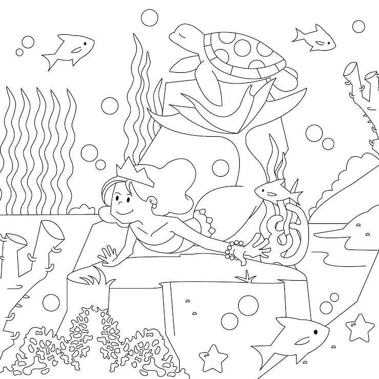 Vetor grátis ilustração de livro para colorir de sereia desenhada de mão