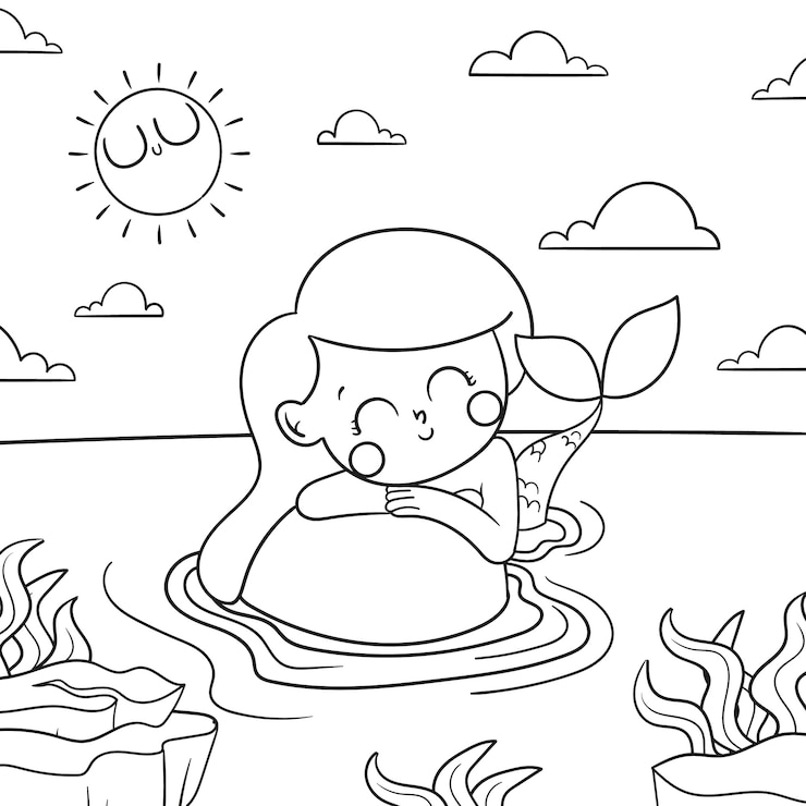 Vetor grátis ilustração de livro para colorir de sereia desenhada de mão
