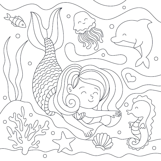 Vetor grátis ilustração de livro para colorir de sereia desenhada de mão