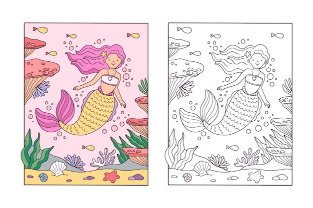 Vetor grátis ilustração de livro para colorir de sereia desenhada de mão