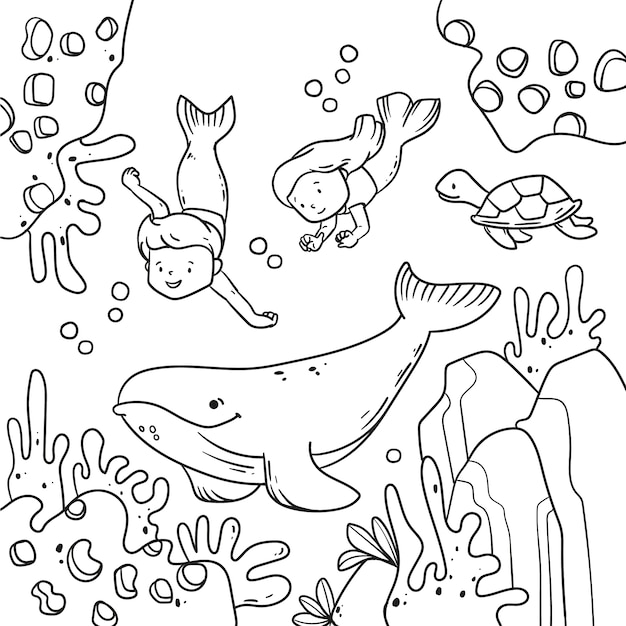 Vetor grátis ilustração de livro para colorir de sereia desenhada de mão