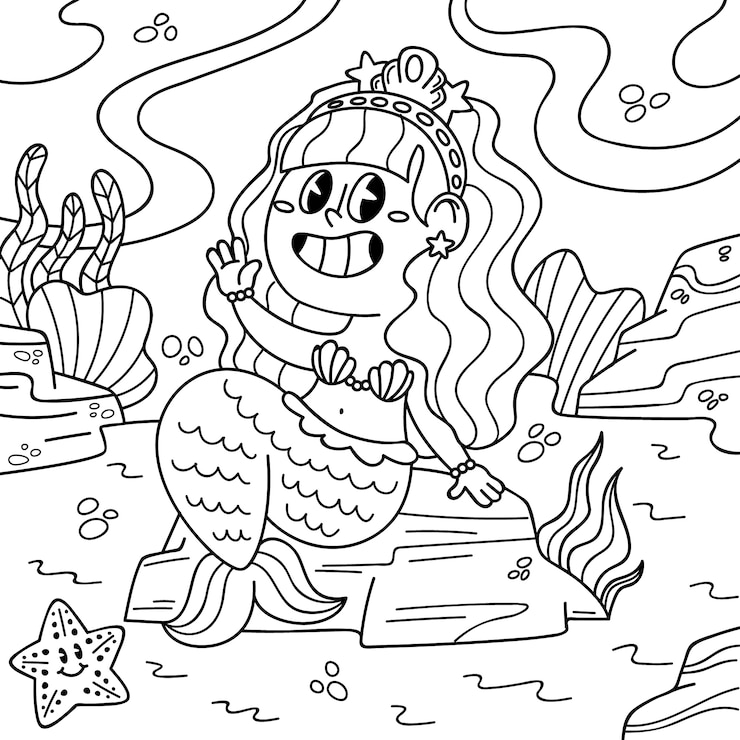 Vetor grátis ilustração de livro para colorir de sereia desenhada de mão
