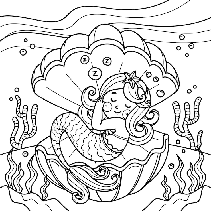 Vetor grátis ilustração de livro para colorir de sereia desenhada de mão