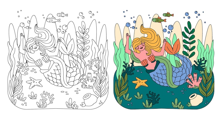 Vetor grátis ilustração de livro para colorir de sereia desenhada de mão