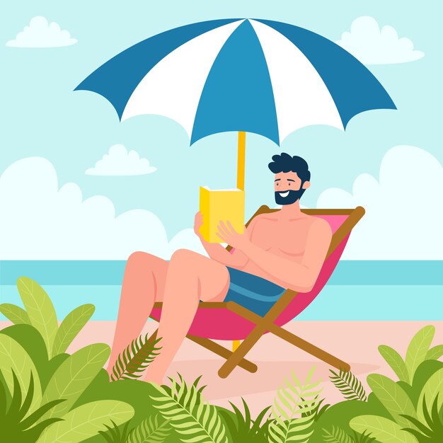 Ilustração de livros de leitura de verão plana com homem na cadeira sob o guarda-sol