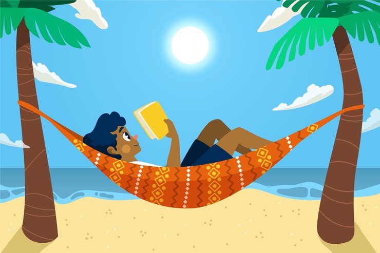 Vetor grátis ilustração de livros de leitura de verão plana com homem na rede