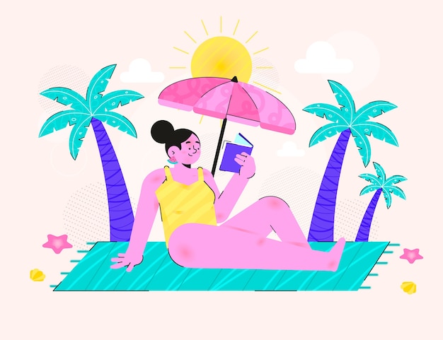 Vetor grátis ilustração de livros de leitura de verão plana com mulher na praia