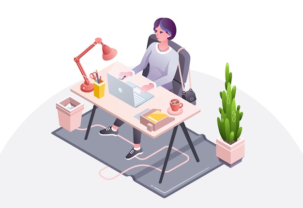 Ilustração de local de trabalho de mulher de empresária, secretário ou gerente trabalhando no escritório