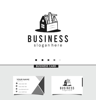Ilustração de logotipo e cartão de visita da caixa de ferramentas de serviço doméstico