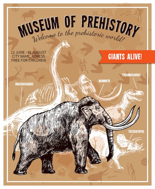 Ilustração de mamute sketch mão desenhada poster