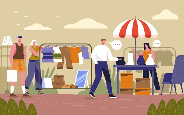Ilustração de mão desenhada de conceito de mercado de pulgas