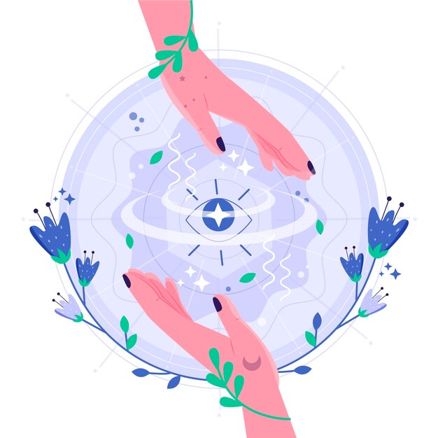 Ilustração de mãos de cura energética com flores