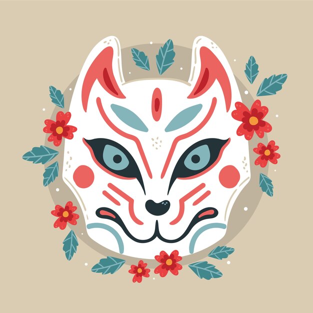 Ilustração de máscara kitsune de design plano desenhado à mão