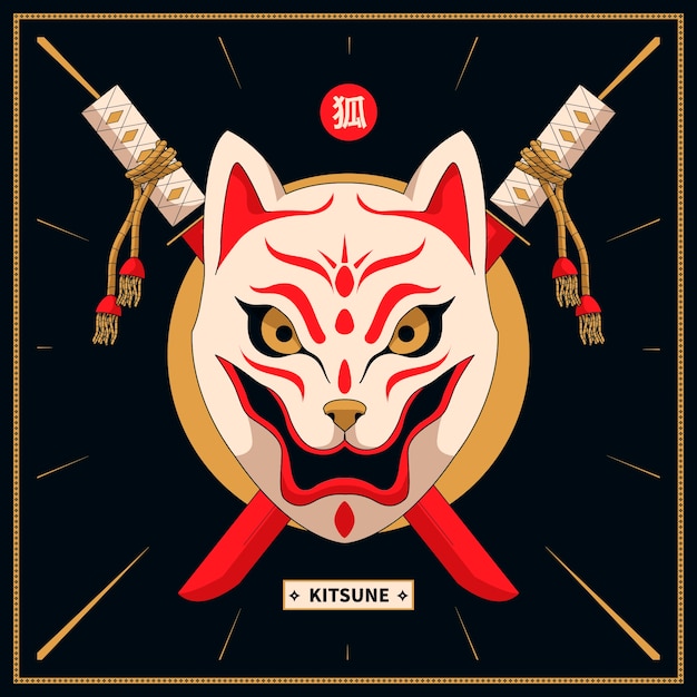 Ilustração de máscara kitsune desenhada à mão