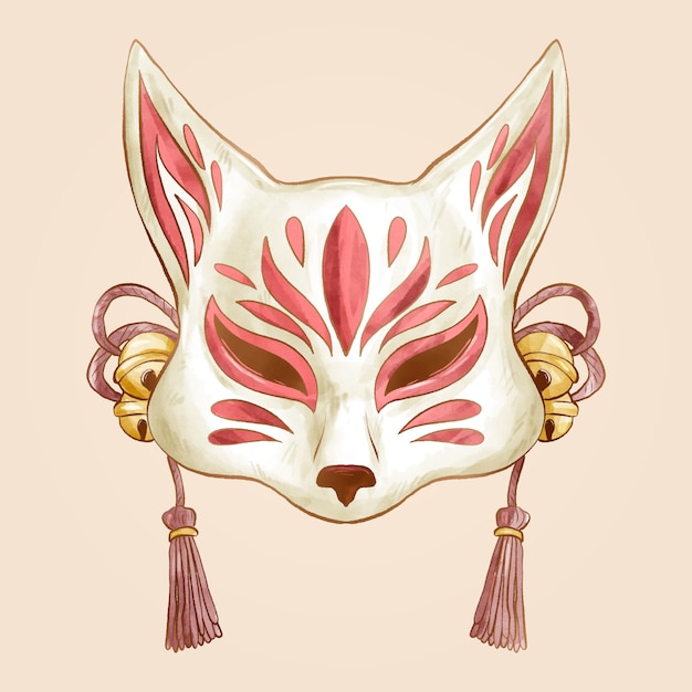 Ilustração de máscara kitsune em aquarela