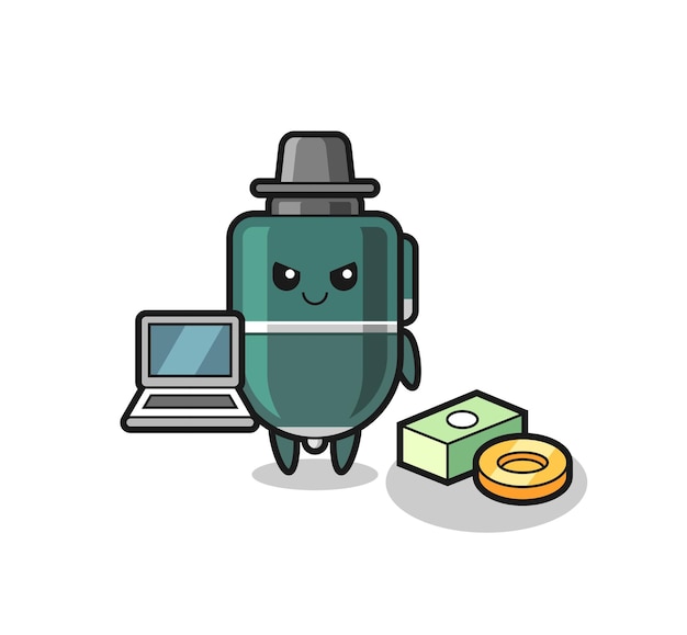Ilustração de mascote de caneta esferográfica como um hacker, design fofo