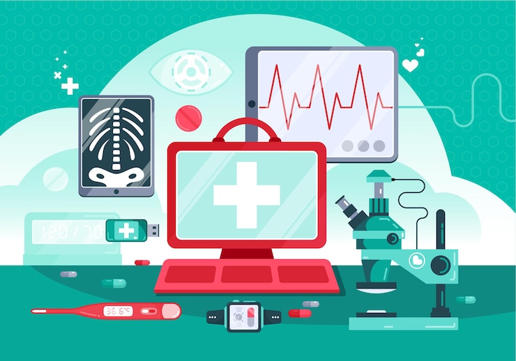 Vetor grátis ilustração de medicina digital com monitor de mesa de médico e equipamento profissional