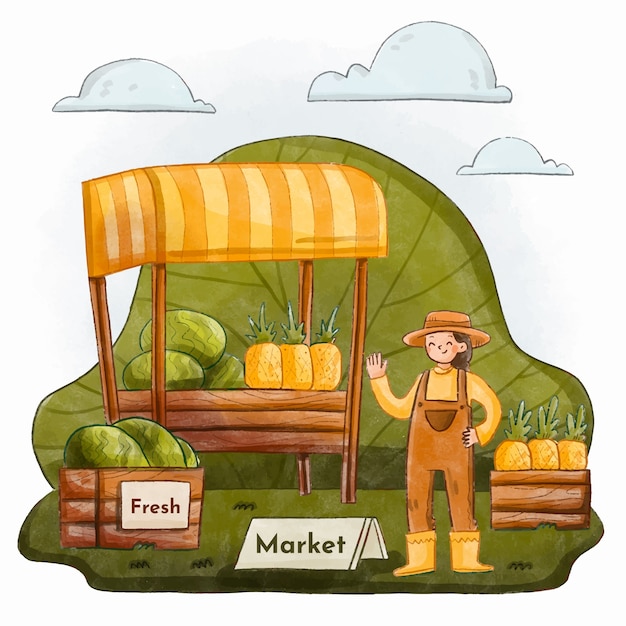 Ilustração de mercado de agricultores em aquarela