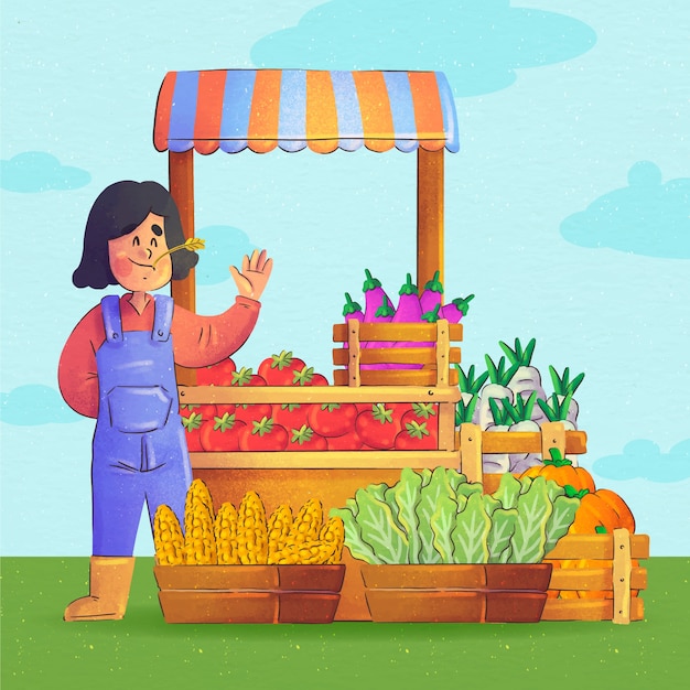 Ilustração de mercado de agricultores em aquarela