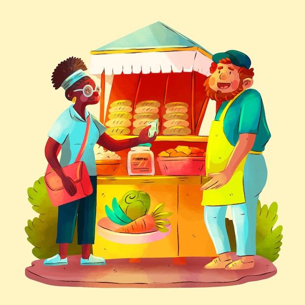 Vetor grátis ilustração de mercado de comida de rua em aquarela