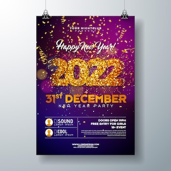 Ilustração de modelo de cartaz de festa de ano novo com número cintilante de ouro e cor de queda.