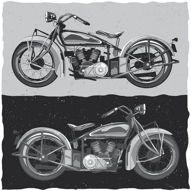 Ilustração de motocicletas clássicas em preto e branco