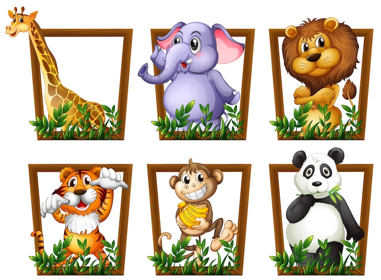 Vetor grátis ilustração de muitos animais em um quadro de madeira