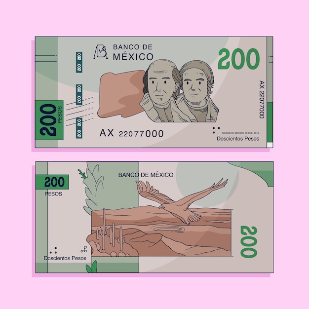 Ilustração de notas de peso mexicano desenhadas à mão