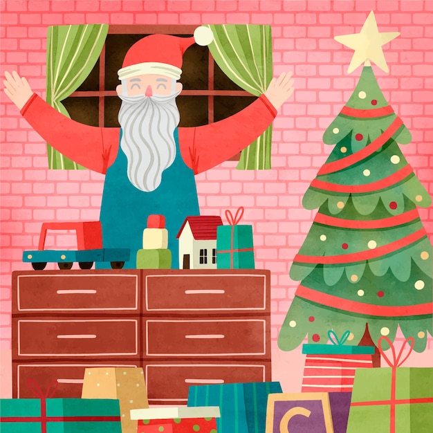 Vetor grátis ilustração de oficina de papai noel da temporada de natal em aquarela