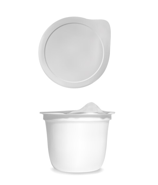 Ilustração de pacote de iogurte de copo de recipiente 3D realista branco com tampa de folha fechada