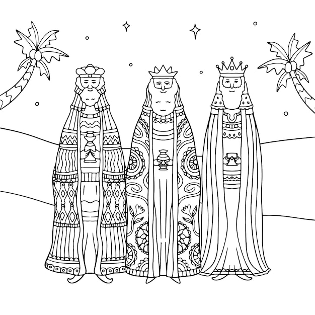 Vetor grátis ilustração de página de coloração de reyes magos desenhada à mão