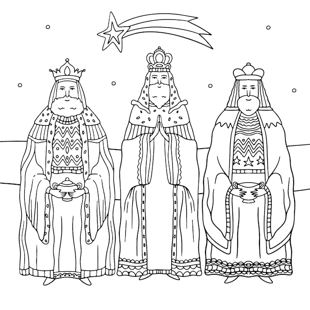 Vetor grátis ilustração de página de coloração de reyes magos desenhada à mão